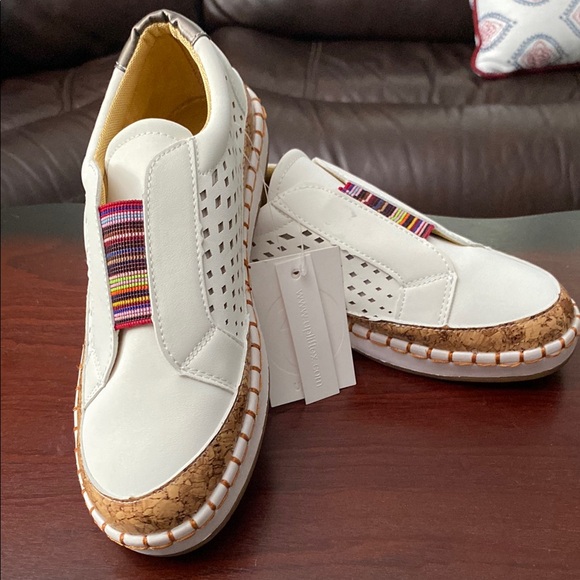 Stylish White Slip-On Sneakers with Cork and Multicolor Band - Picture 1 of 8